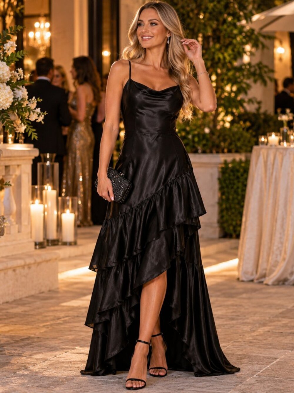 Betsy & Adam Black Satin Asymmetrical Ruffle Maxi Dress – Size 10